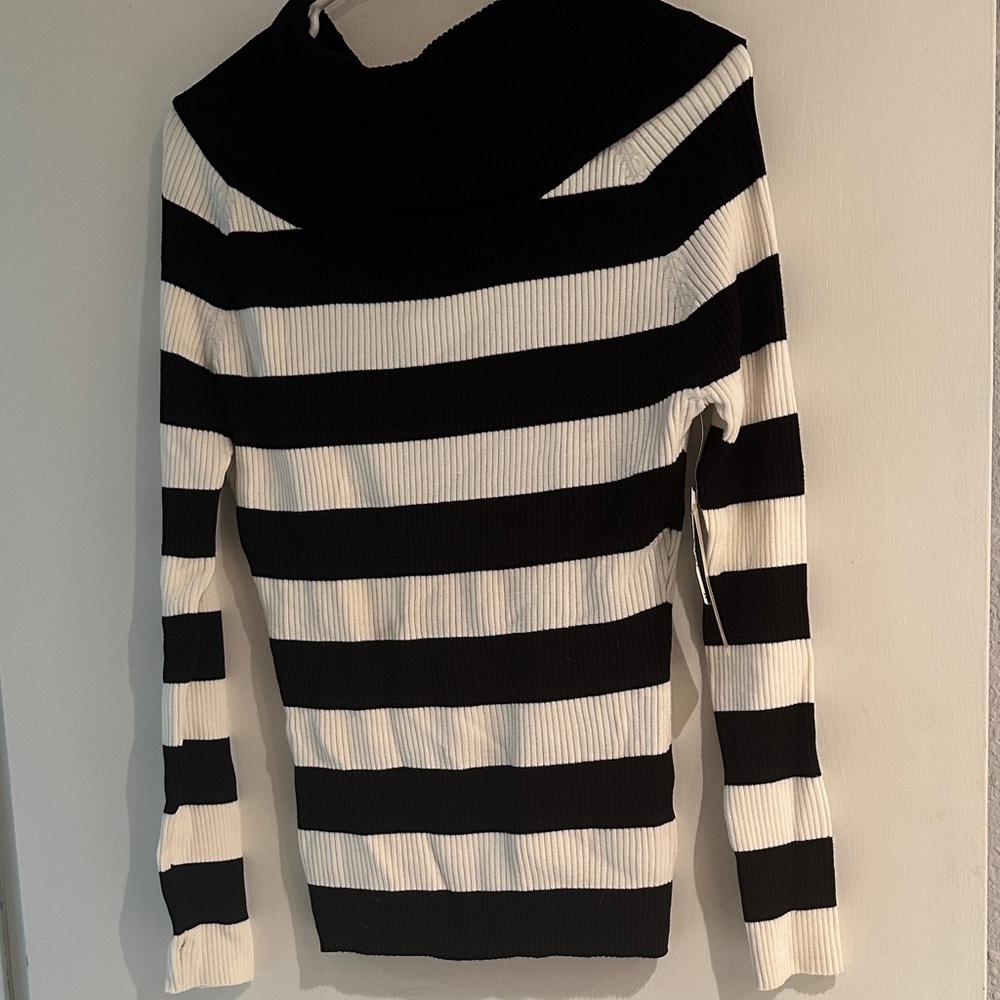 Elegant Black and White Striped Women's Turtleneck Sweater